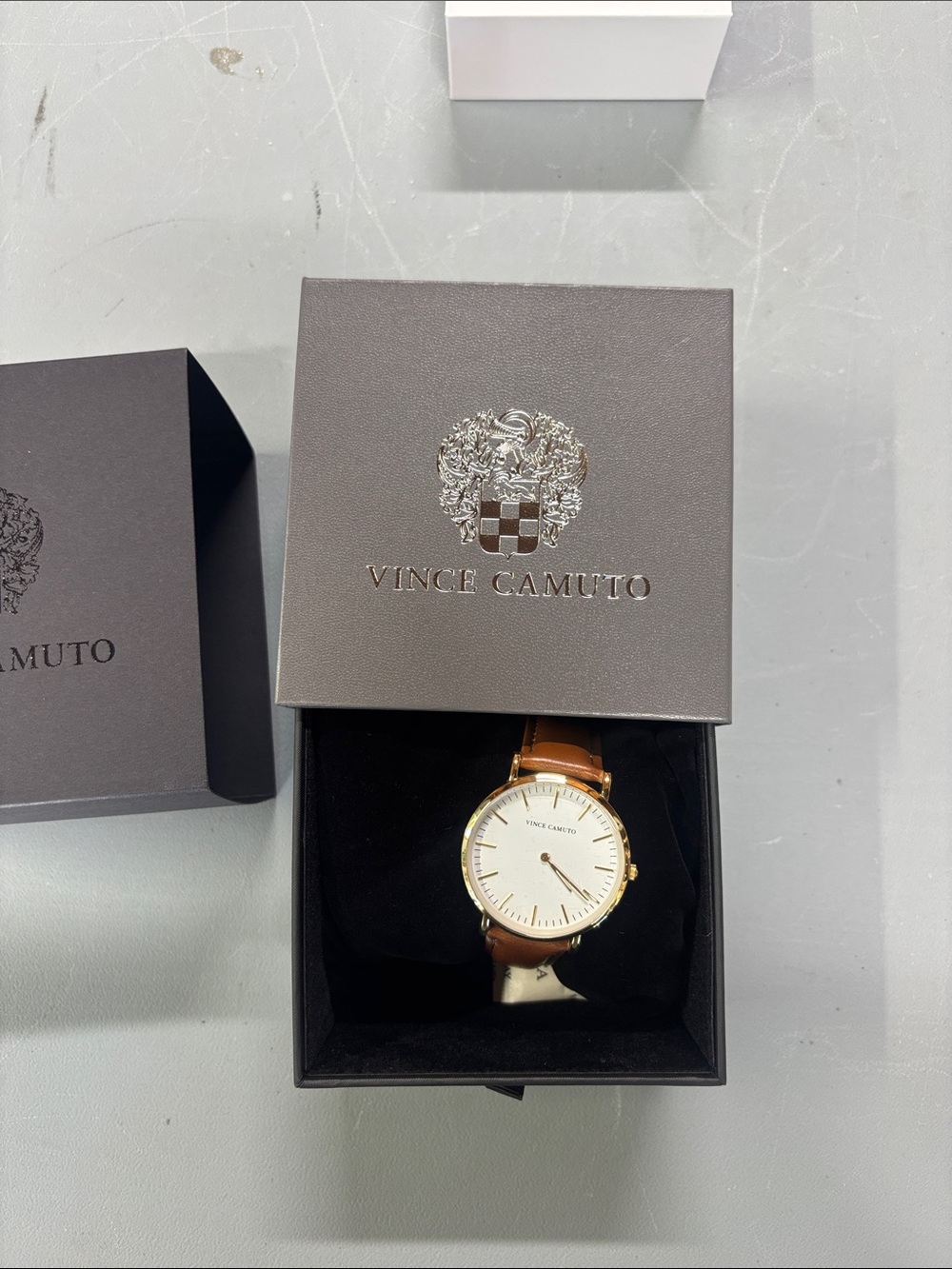 Vince Camuto Gold-Tone Case Watch with Brown Leather Strap